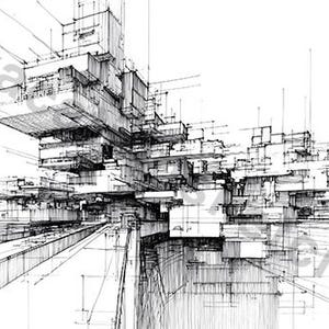 May include: Architectural sketch in black and white. The drawing depicts a complex, multi-layered structure with linear perspective, suggesting a futuristic cityscape. The artwork features intricate details and shading, creating a sense of depth and dimension.