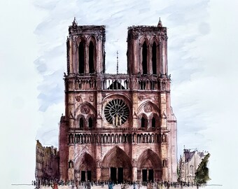 Op de afbeelding: Waterverf schilderij van de Notre Dame kathedraal in Parijs, Frankrijk. De kathedraal is afgebeeld in een lichtbruine kleur met een groot roosvenster en twee hoge torens. Er zijn mensen voor de kathedraal.