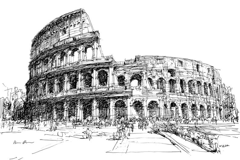 Colosseum Rome Sketch – Hand-drawn Ancient Architecture Art, Italy ...