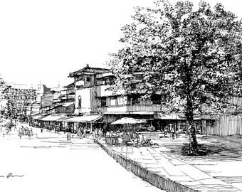 京都、日本の風景画。手描きのイラスト。デジタルアートプリントの