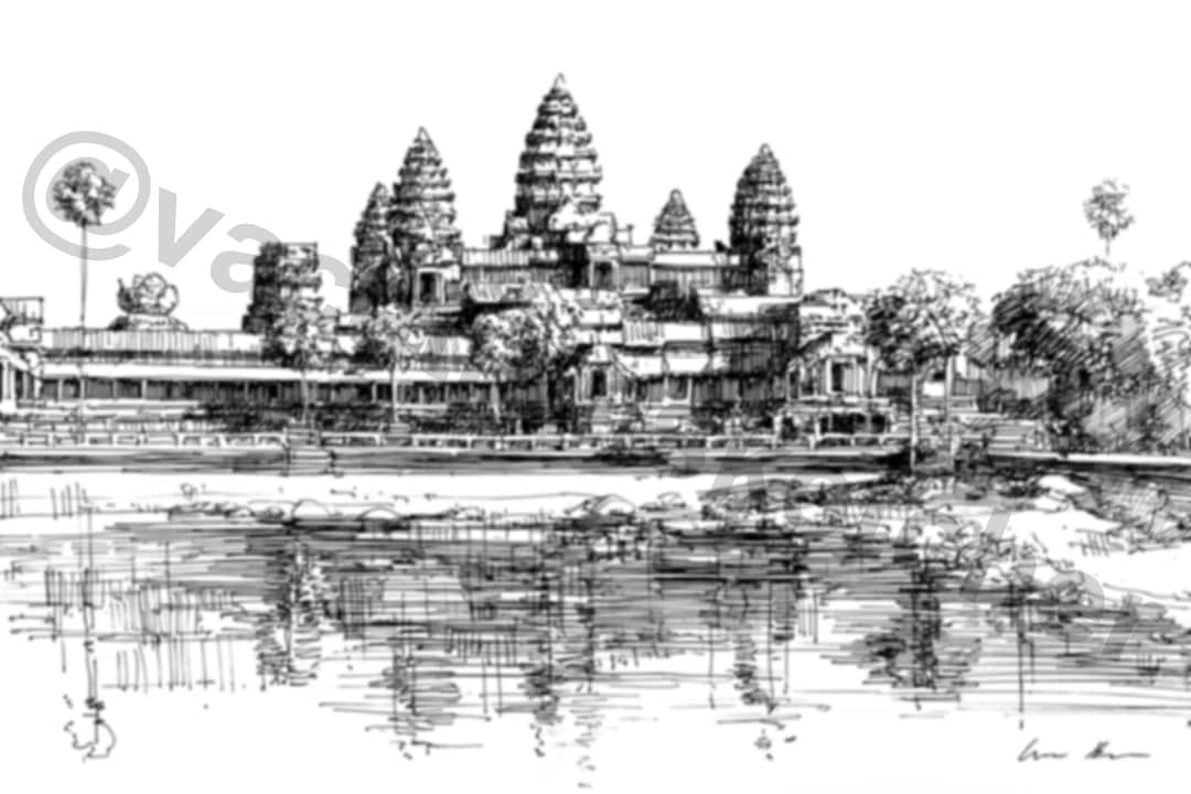Angkor Wat Sketch – Hand-drawn Cambodia Temple Architecture Art, Travel ...