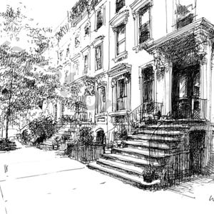 NYCブラウンストーンスケッチII – ニューヨークの玄関先風景、手描きデジタルアート