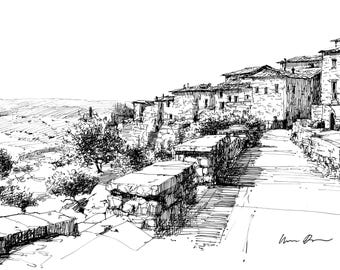 Volterra Italy Sketch – Hand-Drawn Tuscan Hill Town Art, Travel Digital Download