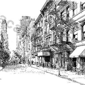 May include: A black and white pen and ink sketch of a city street scene. Buildings with fire escapes line the street, with people walking on the sidewalk. A cafe with an awning is visible.