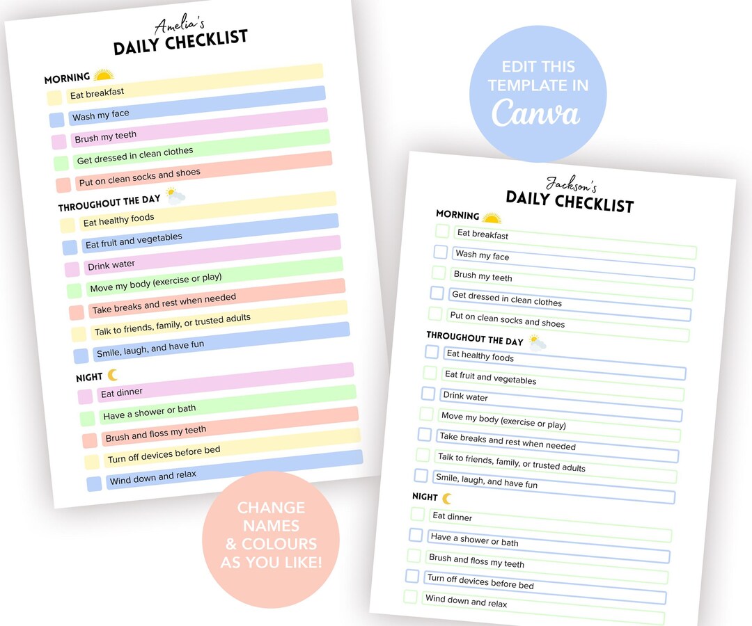 Kids Daily Routine Checklist – Editable & Printable Template - Etsy