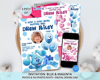 Blue Dog Pink Dog Birthday Invitation, Clues and Magenta Party, 4-Piece Photo & No Photo Invite Set Editable Canva Template Digital Download