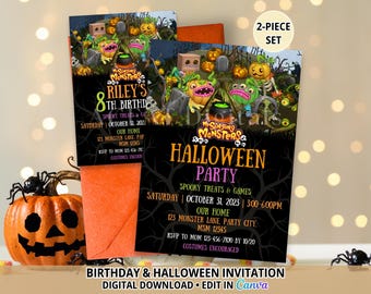 Monster Singers Halloween Island Birthday & Halloween Invitations, 2-Piece Set, Halloween Party Invite, Editable Canva Template Digital