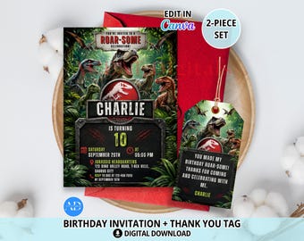 Einladung zum Dinosaurier-Geburtstag, Einladung zur Dinosaurier-Party, Jurassic-Einladung, T-Rex-Einladung, Dinosaurier-Dankeskarte, bearbeitbare Canva-Vorlage