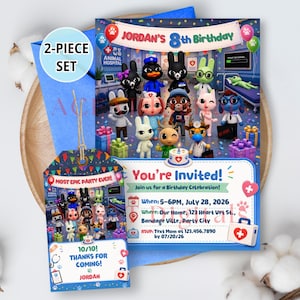 Peut inclure: Un ensemble de 2 pièces comprenant une invitation d'anniversaire rectangulaire et une étiquette cadeau assortie. Les deux articles présentent des personnages d'animaux de dessin animé dans une clinique vétérinaire avec le texte Jordan's 8th Birthday.