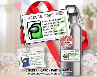 Alien Space Game Name Tags, Crewmate ID Badges, Access Swipe Cards, Party Favor Stickers, 18 Colors, Birthday Decor, Editable Canva Template