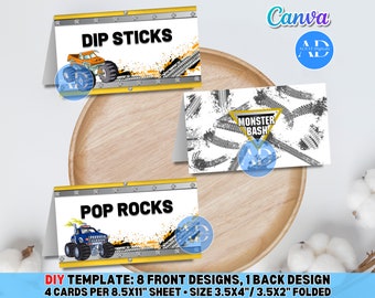 Monster Truck, DIGITAL DIY Template Food Tent Food Label Food Cards Food Tags Place Cards Seating Cards, Birthday Celebration Party