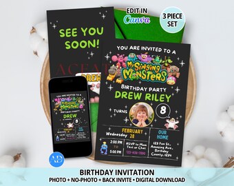 Einladung zum Baby-Monster-Geburtstag mit Monster-Motiven (Monsters Singers), Einladung mit und ohne Foto, bearbeitbare Canva-Vorlage, digitaler Download