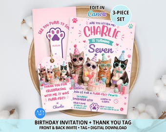 Einladung zum Kätzchengeburtstag, Katzenparty-Einladung, Dankes- und Gastgeschenkanhänger, bearbeitbare Canva-Vorlage, digitaler Download zum Selbermachen