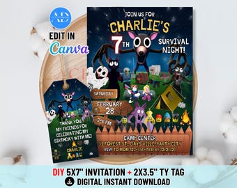 Aktualisiertes Waldcamping-Spiel, digitale DIY-Einladungs- und Dankeskartenvorlage, Einladung zur gruseligen Halloween-Geburtstagsparty (bearbeitbarer Download)
