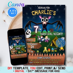 May include: A digital invitation for Charlie's 7th Survival Night, featuring a cartoon monster with large eyes and outstretched arms. The invitation includes the date, time, and location, with a camp theme and a 5x7 inch size.