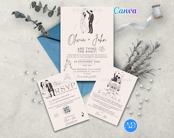 Hochzeitseinladung Vorlage Bundle DIGITAL DIY, Benutzerdefinierte Illustration, elegant Spaß einladen, tanzende Braut und Bräutigam, Save the Date, Antwortzeit Details