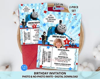 Train Ticket Birthday Invitation, Photo & No Photo Invite, Train Birthday Party, Editable Canva Template, Digital Download