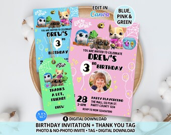 Geburtstagseinladung mit Spinnenmotiv, Einladung zur Spinnenparty, Dankesanhänger, Gastgeschenkanhänger, bearbeitbare Canva-Vorlage, digitaler Download