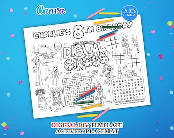 Fantastisches Zirkus-DIGITALES DIY-Tischset-Aktivitätsblatt Malvorlage Geburtstagsmatte Party Feier Download Bearbeitbar