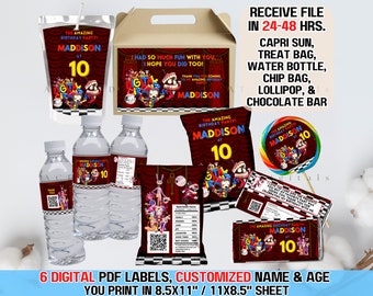 Conjunto de festa digital Amazing Circus personalizado com 6 etiquetas: Chip, Garrafa de água, Pirulito, Caixa de lembrancinhas, Capri Sun Kool Aid, Barra de chocolate