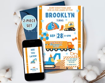 Blue Orange Excavator Construction Birthday Invitation, Dump Truck Construction Birthday Invite, Editable Canva Template, Digital