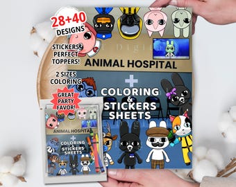 Animal Hospital Game Coloring Pages & Sticker Sheets, Kids Coloring Book, Birthday Party Favor, Mini Coloring Sheets, Digital Download