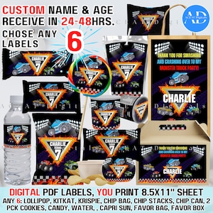 May include: Digital printable labels for a monster truck party. The labels feature a black background with a monster truck design and the name "Charlie" and the number "7". The labels are designed for various party favours, including lollipops, candy, water bottles, crisp bags, and favour boxes. The labels are 8.5 x 11 inches.