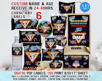 Monster Truck DIGITAL Bundle 6 Party Labels: Lollipop Kitkat R Krispie, Chip Bag Stacks Can, 2 Pck Cookies Candy Water Capri, Favor Bag Box