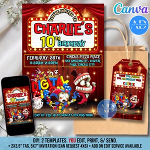 Amazing Circus DIGITALE DIY-sjabloon uitnodiging uitnodigen bedankkaart cadeau gunst tag verjaardagsfeestje viering bewerkbaar downloaden