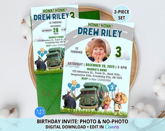 Dump Truck Birthday Invitation, Photo & No Photo Invite, Garbage Trash Truck Party, Construction Birthday, Editable Canva Template, Digital