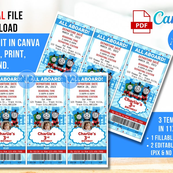 Thomas and Friends Thomas the Train, DIGITAL DIY Invitation Invite Canva Ticket Template and PDF Fillable Invitation Invite Birthday Party