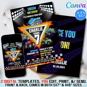 Monstertruck DIGITAL DIY Vorlage Einladung Einladen Speichern Sie das Datum Back Cover Karte Geburtstagsfeier Download Bearbeitbar in CANVA
