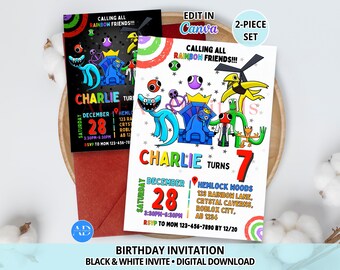 Chapter 2 Rainbow Group Birthday Invitation, Black and White Invite, 2-Piece Set, Editable Canva Template