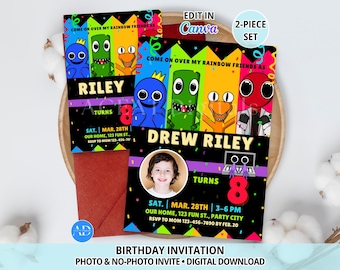 Rainbow Group Birthday Invitation, Photo and No-Photo Invite, 2 Piece Set, Editable Canva Template, Digital Download