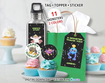 Monster Singers Baby Birthday Cupcake Toppers, Stickers, Thank You & Favor Tags, Printable Party Decor, Editable Canva Template, Digital
