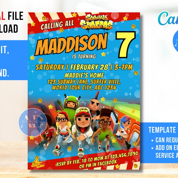 Subway Surfers DIGITAL DIY Template Invitation Invite Birthday Party Celebration Digital Download, Canva Template Editable