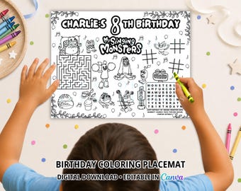 Monster Singers Birthday Coloring Placemat, Printable Kids Party Activity Sheet, Editable Canva Template