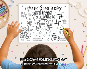 Caterpillar Birthday Coloring Placemat, Printable Kids Party Activity Sheet, Editable Canva Template