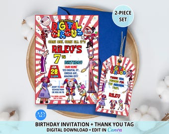 Amazing Circus Birthday Invitation, Digital Party Invite, Circus Thank You Tag, 2-Piece Set, Editable Canva Template