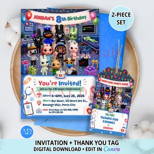 May include: A 2-piece set featuring a rectangular birthday invitation and a matching thank you tag. Both items display cartoon animal characters in a veterinary clinic setting with the text Jordan's 8th Birthday, You're Invited, and Most Epic Party Ever.