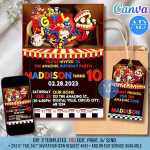 Amazing Circus, DIGITALE DIY-sjabloon uitnodiging uitnodigen bedankkaart cadeau gunst tag verjaardagsfeestje viering bewerkbaar downloaden