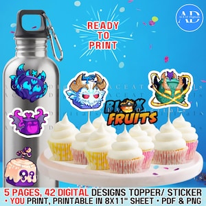 42 diseños (41 frutas, 1 logotipo) Juego Frutas Pirata Ninja Cupcake Topper / Pegatinas Listo para Imprimir