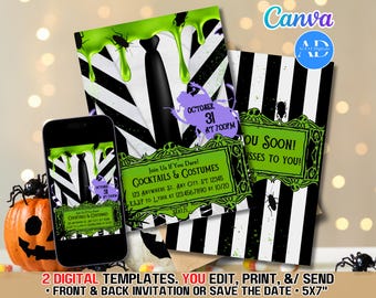 Kakerlakenkostüm, schwarz-weiß gestreift, digitale DIY-Einladungsvorlage für Halloween-Partys, Save-the-Date-Einladung, Download, bearbeitbar