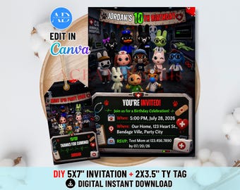 Geburtstagseinladung mit Tierklinik-Spiel, gruselige Halloween-Party-Einladung, bearbeitbare Canva-Vorlage, Dankesanhänger, Gastgeschenkanhänger