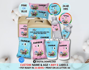 Personalisierte Etiketten für eine Geburtstagsparty mit Spinnenmotiv, individuelle Gastgeschenk-Etiketten, rosa oder blau, 6 Etiketten nach Wahl, druckbare PDF-Datei