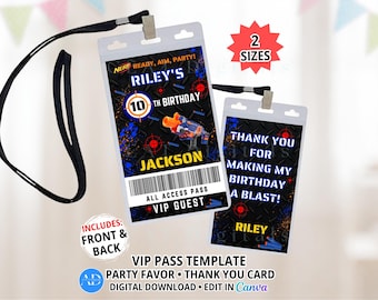 Dart War Dart Gun Battle VIP Badge, Guest Pass, All Access Pass, Backstage Pass, Thank You Card, Party Favor Tag, Editable Canva Template