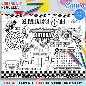 May include: A black and white printable placemat with a monster truck theme. It features a maze, tic-tac-toe game, word search, and a "How many gears can you find?" activity. The placemat is designed for a child's 8th birthday party and includes the name "Charlie's 8th Birthday Jam".