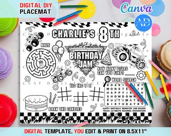 Camión monstruo, plantilla digital DIY para mantel individual, página para colorear, hoja de actividades para fiestas de cumpleaños