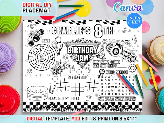 Monster Truck, DIGITAL DIY Template Placemat Coloring Page Activity Sheet Birthday Party