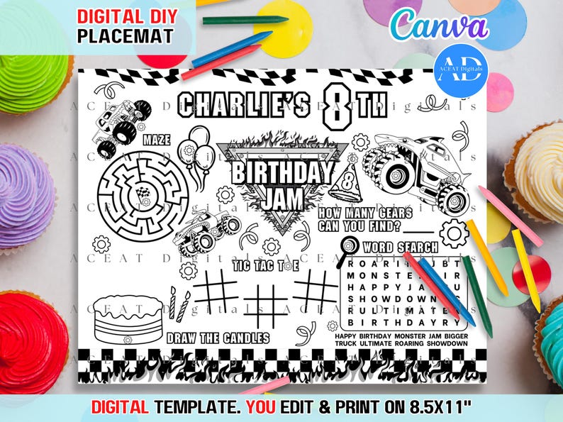 May include: A black and white printable placemat with a monster truck theme. It features a maze, tic-tac-toe game, word search, and a "How many gears can you find?" activity. The placemat is designed for a child's 8th birthday party and includes the name "Charlie's 8th Birthday Jam".